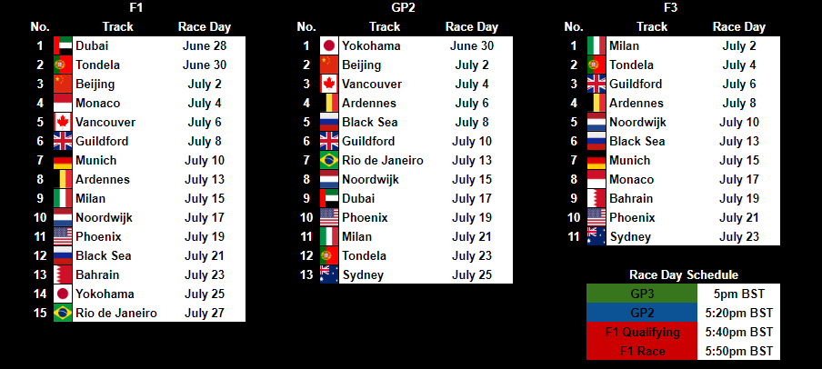UnofficialF1Sim's tweet photo. BREAKING:

The calendars for F1, GP2 and GP3 have been announced! The season will once again kick off in Dubai on June 28th and conclude at the legendary Rio de Janeiro circuit on the 27th of July.

Who do you think will come out on top? https://t.co/MxnqNs3tQ2
