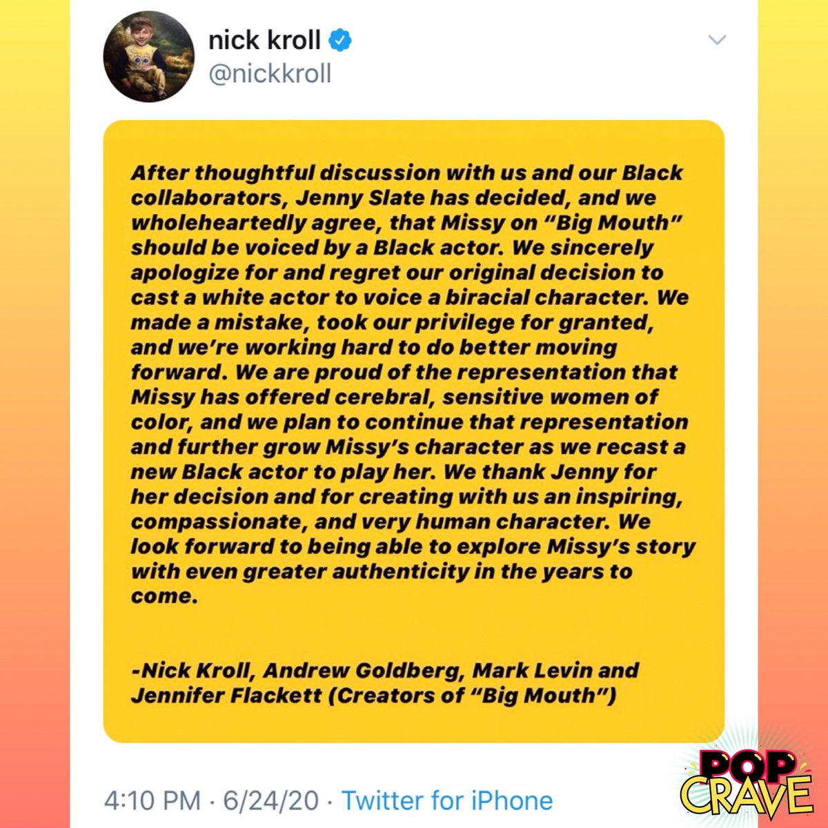 PopCrave's tweet photo. Jenny Slate announces she will no longer voice Missy on #BigMouth:

“I reasoned with myself that it was permissible for me to play ‘Missy’ because her mom is Jewish and White — as am I. But ‘Missy’ is also Black, and Black characters should be played by Black people” https://t.co/1Z6htXqup3