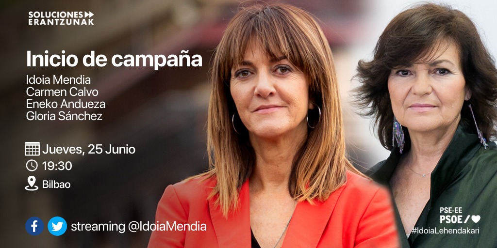 Socialistas Vascos - Euskal Sozialistak / ❤️ (@socialistavasco) on Twitter photo 🌹¡Comenzamos la campaña del #12J!🌹
📅Jueves 25 junio
⏰ 19:30
🎥 Streaming en Twitter y Facebook de Idoia Mendia
Y lo hacemos con el apoyo de la Vicepresidenta del Gobierno, <a href="/CarmenCalvo_/">Carmen Calvo</a>👏
¡Gracias por tu apoyo, Vicepresidenta!
#IdoiaSoluciones #IdoiaLehendakari 🌹¡Comenzamos la campaña del #12J!🌹
📅Jueves 25 junio
⏰ 19:30
🎥 Streaming en Twitter y Facebook de Idoia Mendia
Y lo hacemos con el apoyo de la Vicepresidenta del Gobierno, <a href="/CarmenCalvo_/">Carmen Calvo</a>👏
¡Gracias por tu apoyo, Vicepresidenta!
#IdoiaSoluciones #IdoiaLehendakari