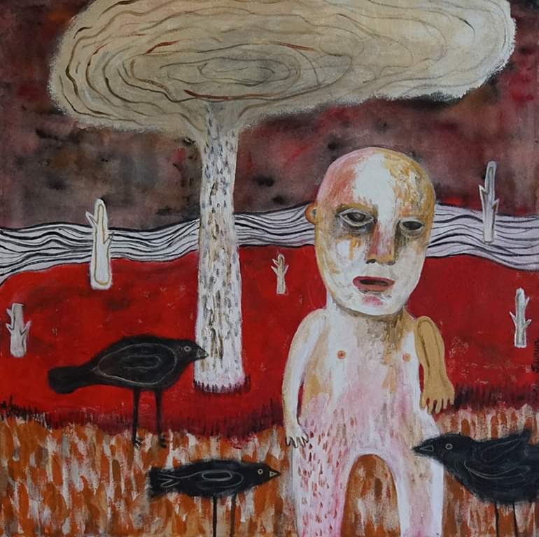 Feeding crows, 20 x 20', acrylic on canvas #art #painting #contemporaryart #desert #boy #birds #portrait #raven #crow