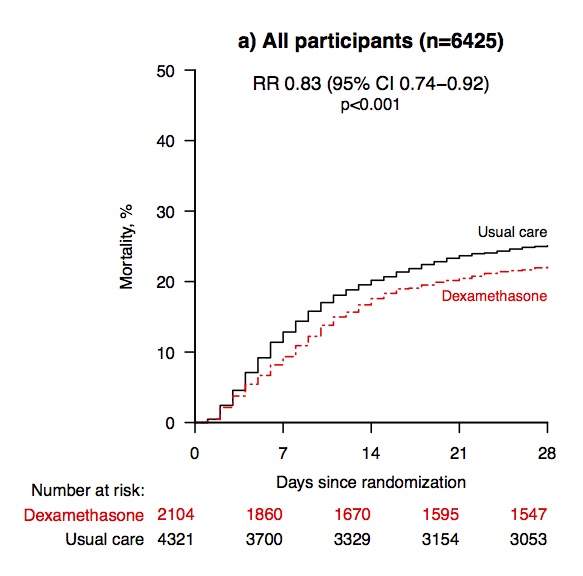 Overall, 21.6% of the dex patients died and 24.6% of the usual care patients died. Dexamethasone reduced the 28-day mortality rate by 17% (rate ratio 0.83 [95% CI: 0.74 to 0.92]; P=0.0007). This is a big deal. 7/