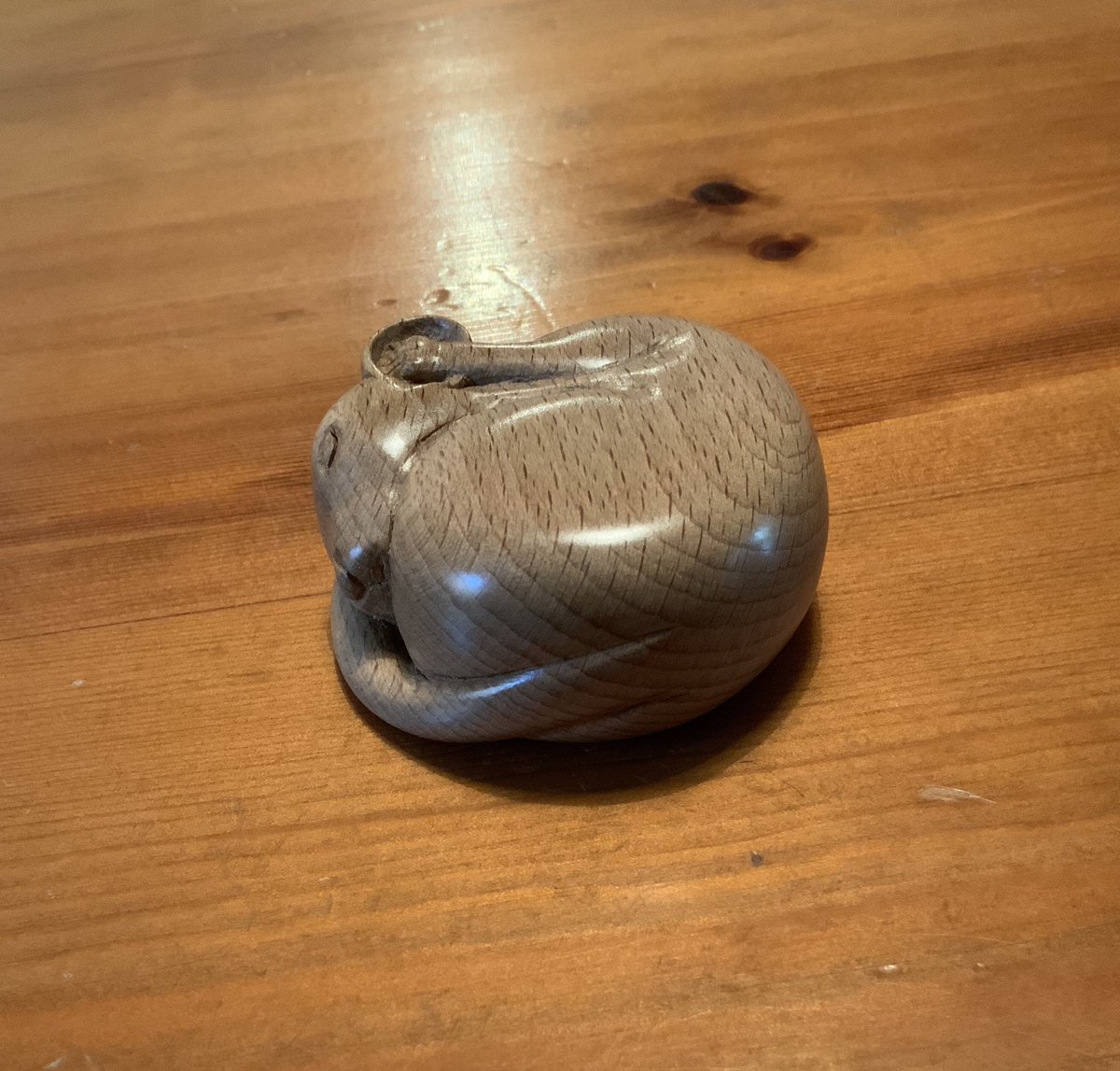 I’ve carved quite a few sleeping mice but not many without fur.
This is beech &amp; approx life size