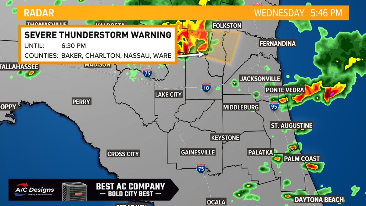 A Severe Thunderstorm Warning has been issued for northeast FL. Track