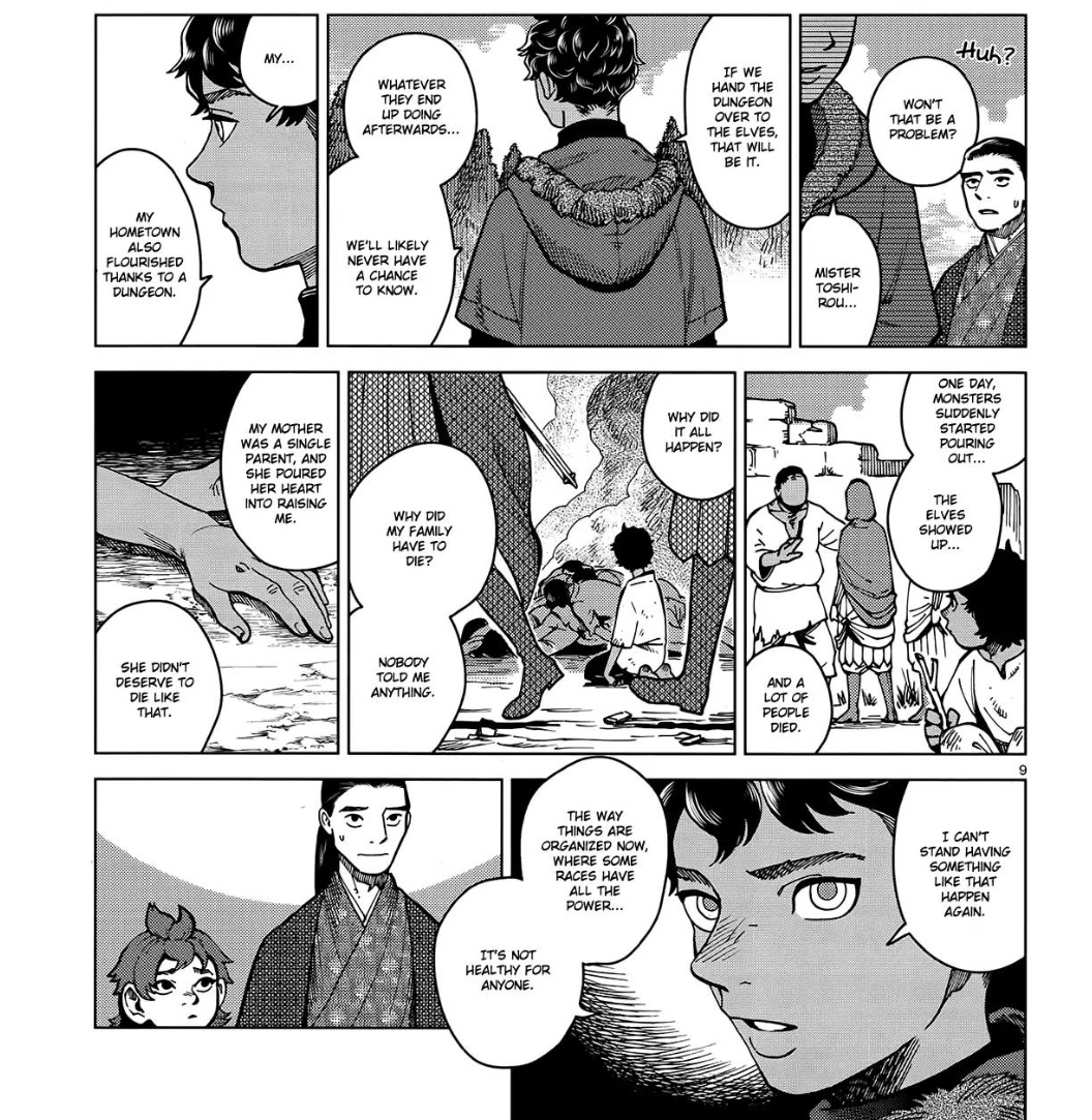 @marysuewriter if anyone is interested, I think a dungeon meshi (by ryoko kui) is a very good examples of this, with a lot of thought put into the differences how races interact and perceive each other. the history goes beyond the page and you can see how it influences each characters thoughts. 