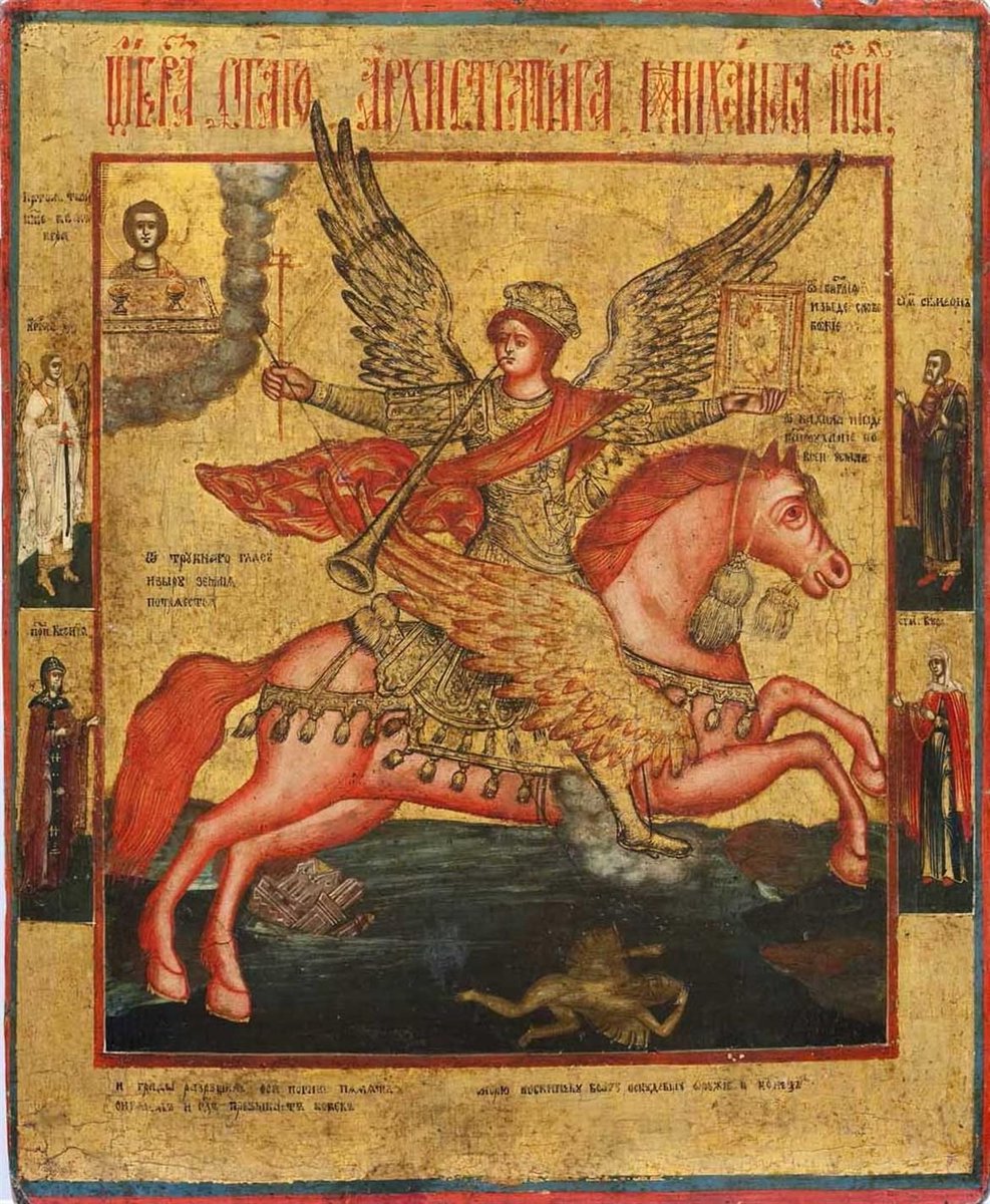 And again, these are just casual thoughts and observations of a layman, so take as you will.Both scenes draw inspiration from John's Apocalypse, the left more on the War in Heaven, with East on the right focusing on the final defeat with Michael as the Angel of the Apocalypse.