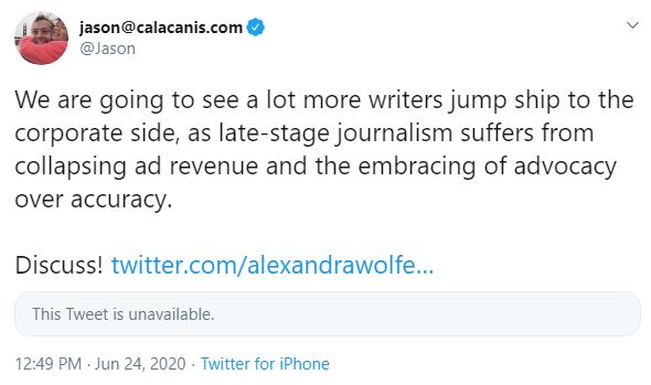 Contemporary popular media criticism in a nutshell: Journalism is failing because it embraces advocacy over accuracy but also I'm having a hard time finding journalists who overtly advocate my preferred ideology.