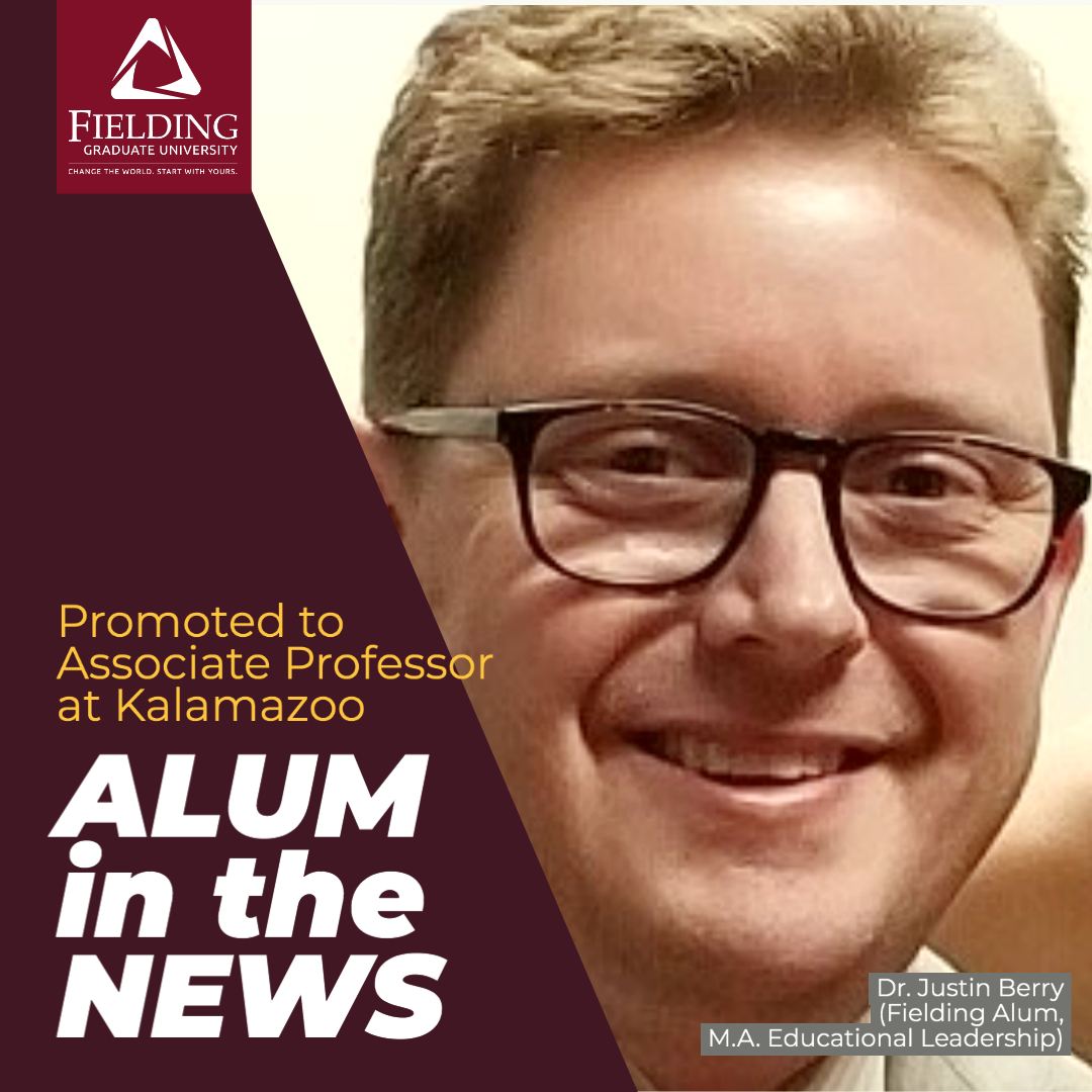 FieldingGradU's tweet image. Congratulations to Fielding alum Dr. Justin Berry who has earned tenure and was promoted to associate professor at Kalamazoo College. bit.ly/2BwTBZB #alumninews #fieldinggraduateuniversity #distributedlearning