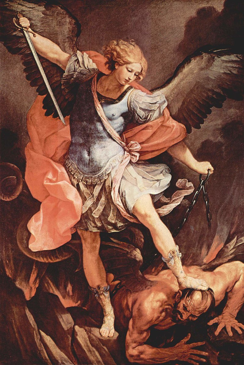 In the Western depictions, the major focus is on the event itself with Satan as a major focus along with St, Michael. He's clearly outmatched and defeated, but exists as an imposing figure that has been subdued.