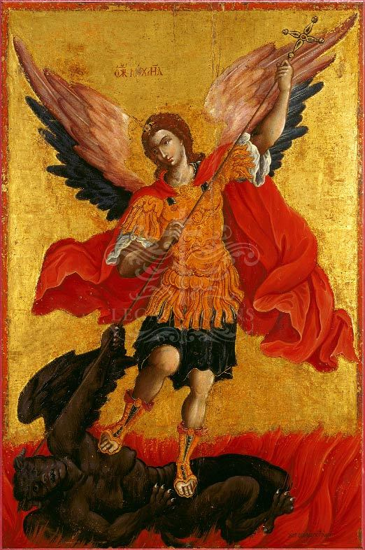 There exists the type of Western-inspired icons of Michael triumphing over Satan, but there are also other icons of Michael outside of the Apocalypse contending with Satan and the demons, mostly in the context of defending man.