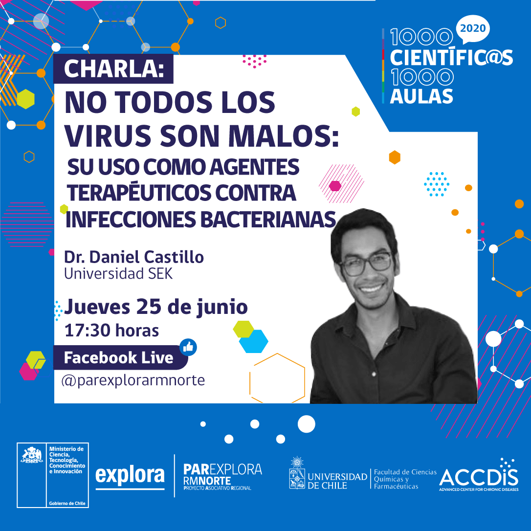 uchile's tweet photo. HOY 17:30hrs, @ExploraRMNorte continúa con su ciclo de charlas #ExploraEnCasa, esta vez con el bioquímico Daniel Castillo quien explicará por qué no todos los virus son malos: su uso como agentes terapéuticos contra infecciones bacterianas. Conéctate en: https://t.co/QAFtvl2cM6 https://t.co/6oM07cPgYM