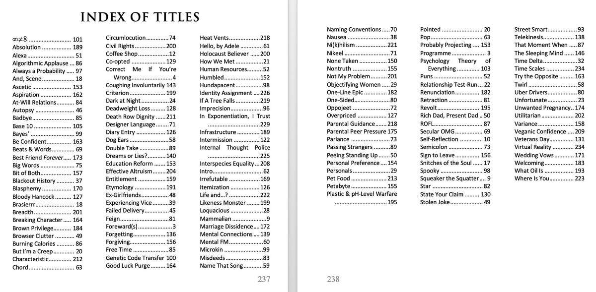 niknir's tweet photo. My sole, secret hobby over the past four years has been writing a collection of comedy bits, philosophical rants &amp; short essays. It's now almost a book. Here are the table of contents and index of titles. Pick a chapter or some passage titles, and I'll send that portion to you. https://t.co/BcbzBpZ4AI
