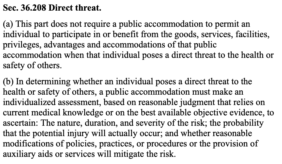 stores don't have to let in a "DIRECT THREAT" – they don't have to let COVID!Johnny into the store without any sort of PPE – even if he was disabled (and not just a card carrying AFGA)
