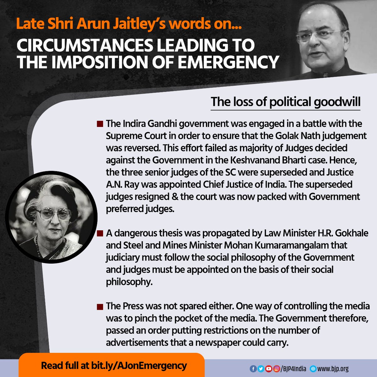 BJP4India's tweet image. The Emergency Revisited: The circumstances leading to the imposition of Emergency.

Read blog by Late Shri Arun Jaitley. bitly.com/AJonEmergency #Emergency1975HauntsIndia