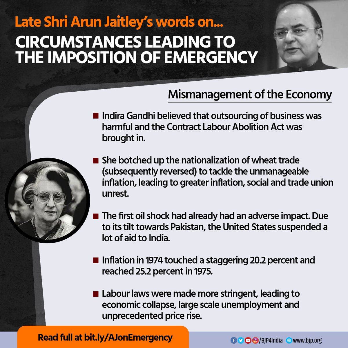 BJP4India's tweet image. The Emergency Revisited: The mismanagement of the economy that led to the imposition of Emergency.

 Read blog by Late Shri Arun Jaitley bitly.com/AJonEmergency #Emergency1975HauntsIndia
