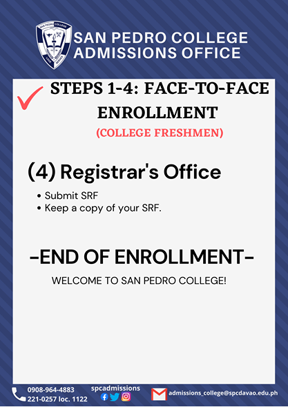 SPCadmissions's tweet photo. Please be guided. 

STEPS 1-4: FACE-TO-FACE ENROLLMENT 
(COLLEGE FRESHMEN) https://t.co/xTroGNe2zu