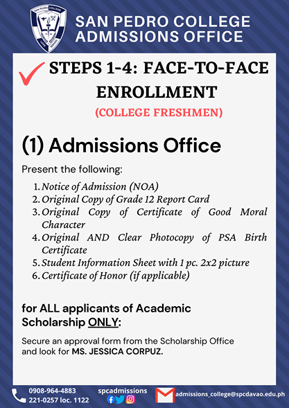 SPCadmissions's tweet photo. Please be guided. 

STEPS 1-4: FACE-TO-FACE ENROLLMENT 
(COLLEGE FRESHMEN) https://t.co/xTroGNe2zu