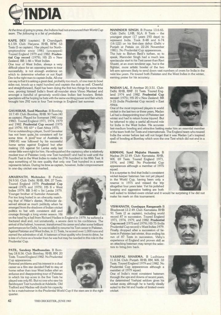 Did you know that the list of probables for the 1983 World cup included the likes of Gundappa Viswanath, Venkataraghavan, Anshuman Gaekwad and Surinder Amarnath?  #83WorldCup  @NorthStandGang  @RandomCricketP1
