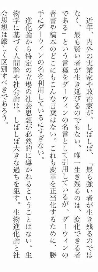 本ノ猪 近年 内外の実業家や政治家が しばしば 最も強い者が生き残るのではなく 最も賢いものが生き延びるのでもない 唯一 生き残るのは 変化できる者である という言葉をダーウィンの名言として引用しているが ダーウィンの著書や稿本のどこにも