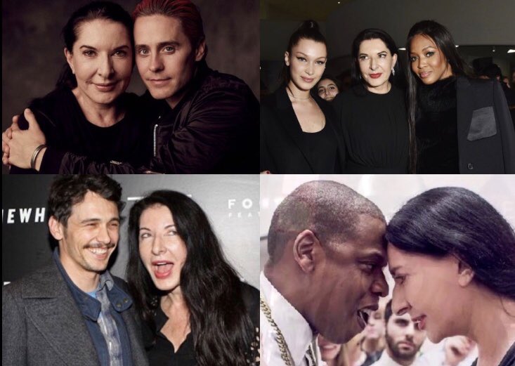 PART 24: Marina Abramovic She is a “performance artist” and as you can see she is friends with quite a few celebs. And her choice of art? Depictions of cannibalism and “spirit cooking”. She is 73 yrs old