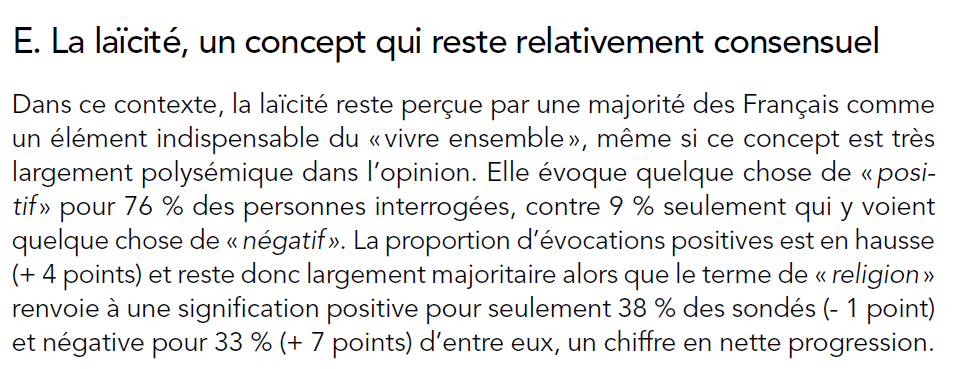 Laïcité -- hard to type, even harder to define. "Secularism on steroids" is a translation. You can read Wikipedia yourself. A hugely popular concept in France means that increasing numbers of French (especially educated lefties) thinks grouping people by race is nonsense.