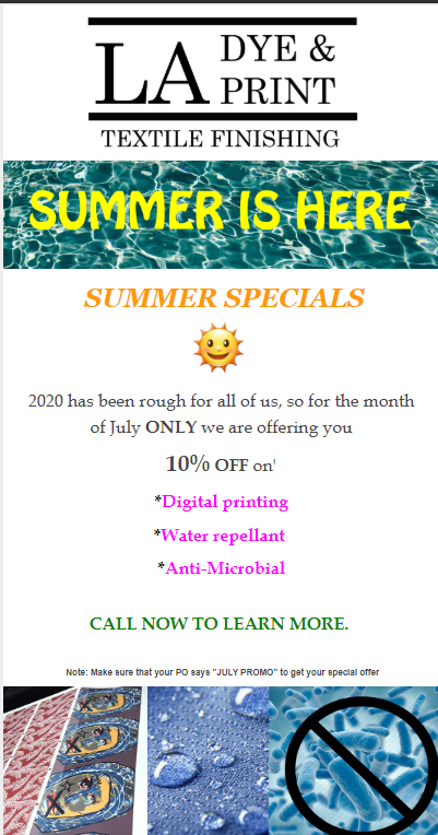 LADyePrint1's tweet photo. #fabric #fabricdye #printing #fabricprint #digitalprint #garmentdye #garments #tiedye #antimicrobial #waterrepellant #textile #losangeles #dyehouse #printhouse #summer #specials #summerspecials https://t.co/TaiKlpn7Mr