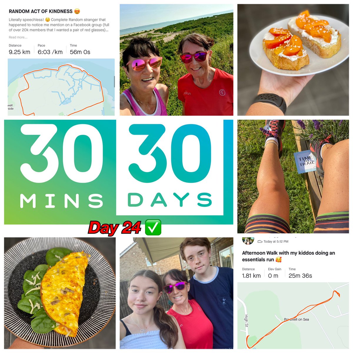 Day 24 ✅
Morning 9.3km trail run with a stranger I can now call my friend 🥰
New sunglasses 😎 
All the food 😋
Late afternoon Walk with kiddos 🥰 
Nearly 18,000 steps today and another good <a href="/3030essex/">3030Essex</a> day in the bag 💪🏼 
Follow me on insta: @ab_fff_fitness