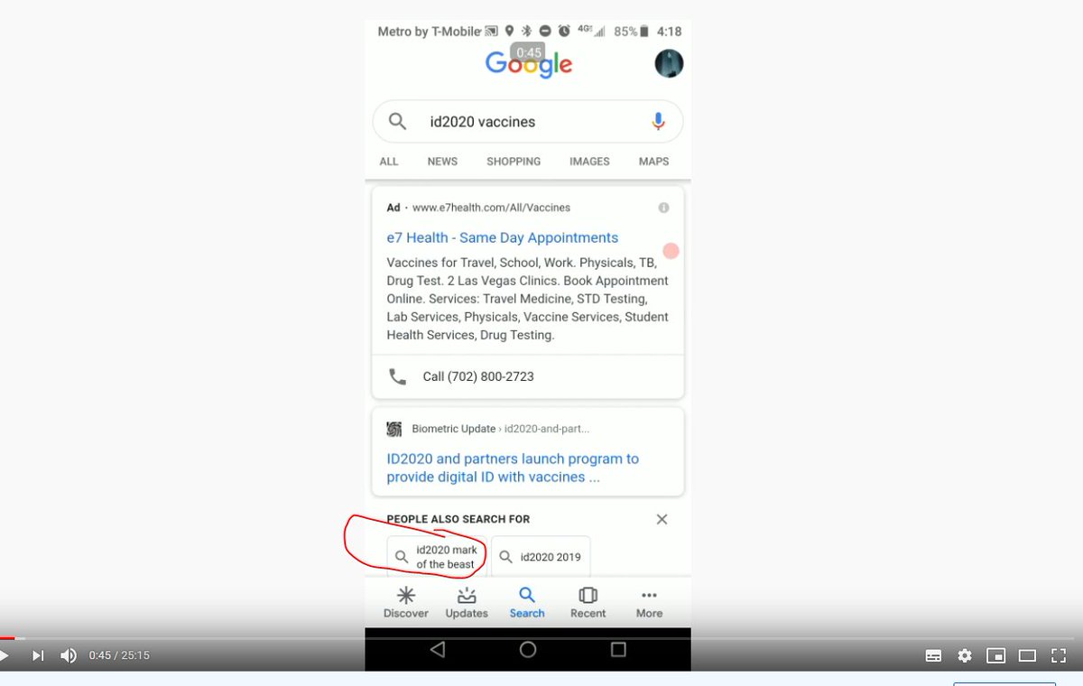 This meant that when the pandemic struck, algorithms played a role in cross-propagating the ID2020 conspiracy to new audiences. In this conspiracy Youtube video, you can see Google recommending the 'mark of the beast' conspiracy to someone who is already an anti-vaxxer.