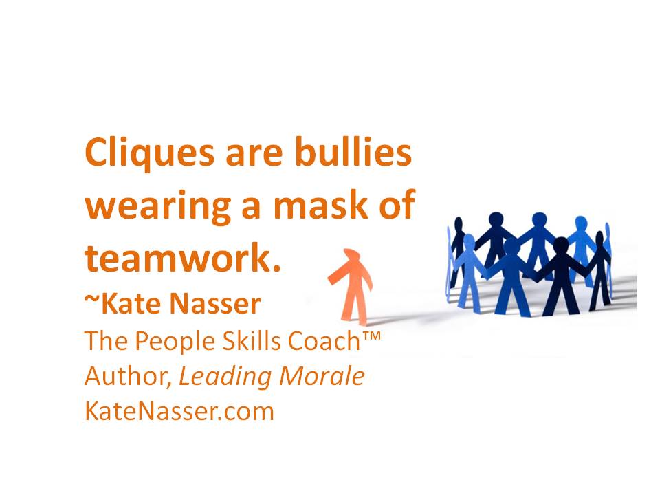 KateNasser's tweet photo. Cliques are bullies wearing a mask of teamwork. ~ Kate Nasser, The People Skills Coach™

#QuotesAboutLIfe  #PeopleSkills #EndBullying #StopBullying #NoBullying #Leadership #LeadMorale #Respect https://t.co/NiWSaCbcjC