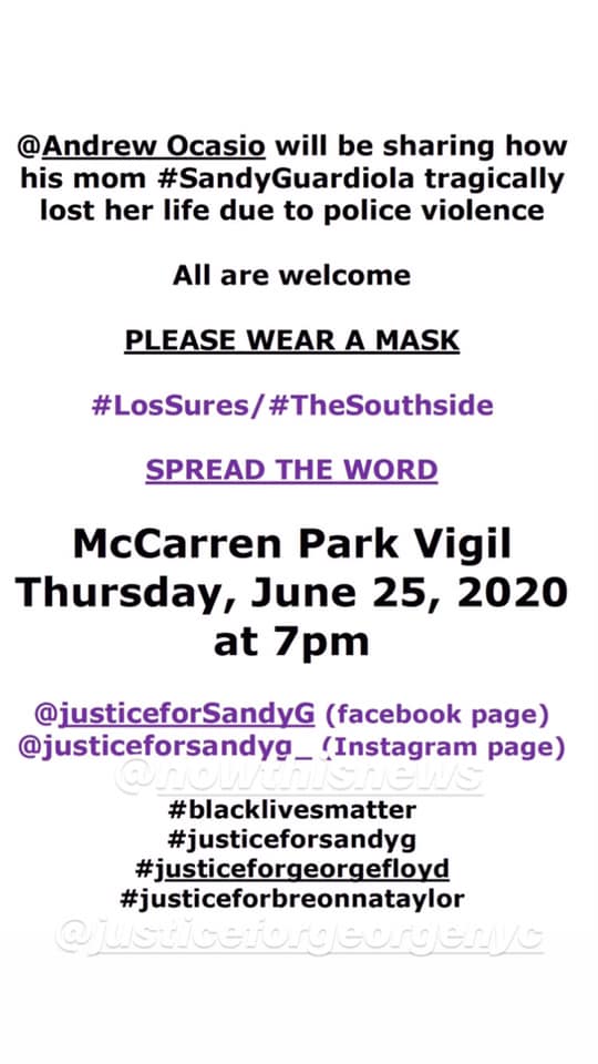 richie_narvaez's tweet photo. June 25, 7 p.m.: McCarren Park Vigil for #sandyguardiola, Brooklyn #lossures https://t.co/MEhRtwifun