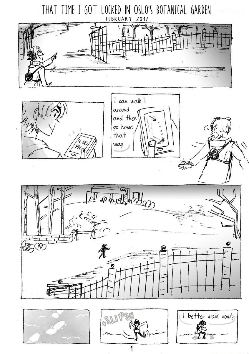 When I travelled to Oslo back in 2017, I made a series of dumb decisions and ended up locked inside the Botanical Garden in winter... and then  I proceed to make a comic about it (and I finally finished it!) [1/2] 