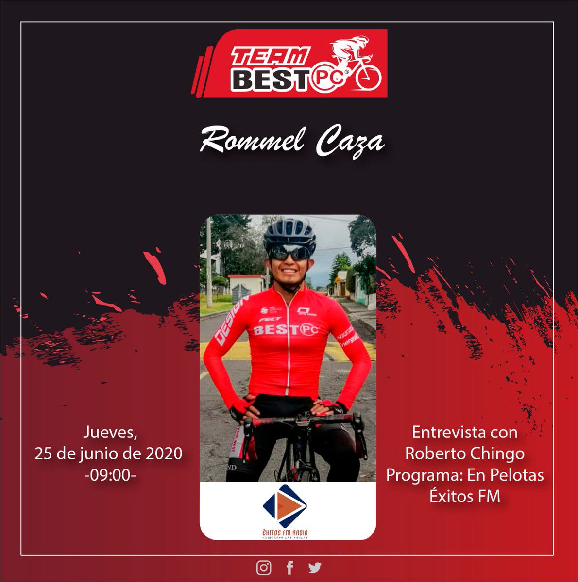 TeamBestPC's tweet photo. 📻 Este jueves a las 9:00, no te pierdas la entrevista a nuestro gran corredor #RommelCaza, por Éxito FM.

📡 Puedes seguirla aquí en directo: https://t.co/ZnJ3jZ2nd6

#SoydelBestPC https://t.co/BcMewZ2C6p