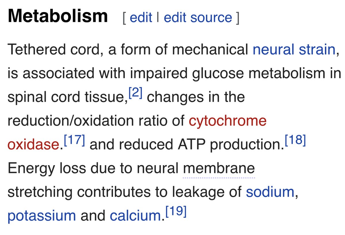 The one thing Klinge does not discuss in this talk, but that I think is potentially quite relevant for  #MECFS, are the metabolic impacts of tethered cord syndrome. Again, we see some familiar findings such as a switch to anaerobic metabolism, reduced ATP production.