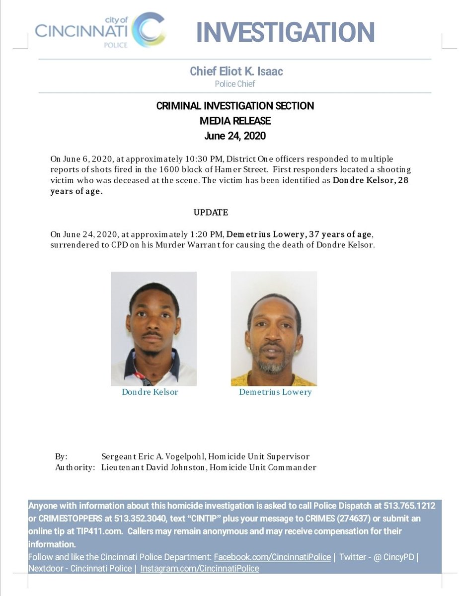Cincinnati Police Department On Twitter Demetrius Lowery Surrendered To Cincypd On His Murder Warrant For Causing The Death Of Dondre Kelsor On June 6 2020 When District One Officers Responded To Multiple