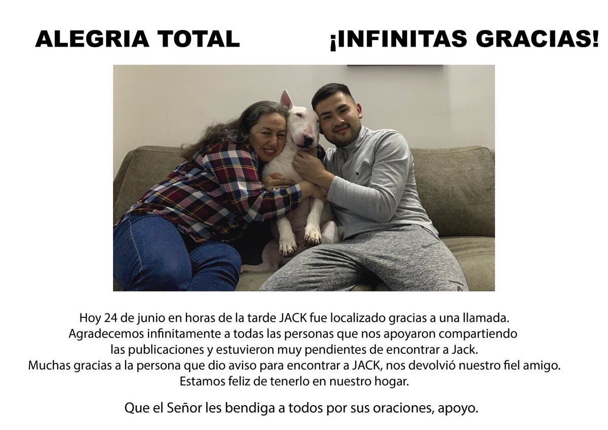 kmi_gon's tweet photo. Quiero agradecer de todo corazón a todas las
Personas que ayudaron a localizar a JACK compartiendo las publicaciones y apoyándonos, así mismo a la persona que dio aviso del sector donde se encontraba, miles de bendiciones para todos!!!!! @kelly_david @Harold_BoM https://t.co/VqdTqhRL7L