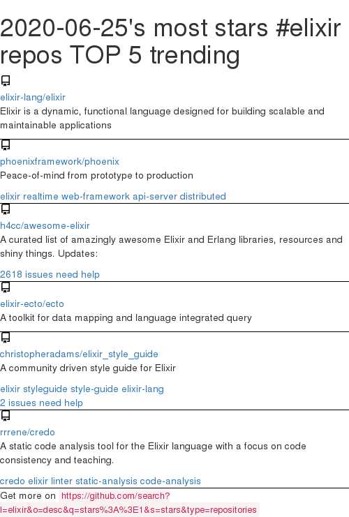 2020-06-25's most stars #elixir repos TOP 5 trending, here #github github.com/search?l=elixi…