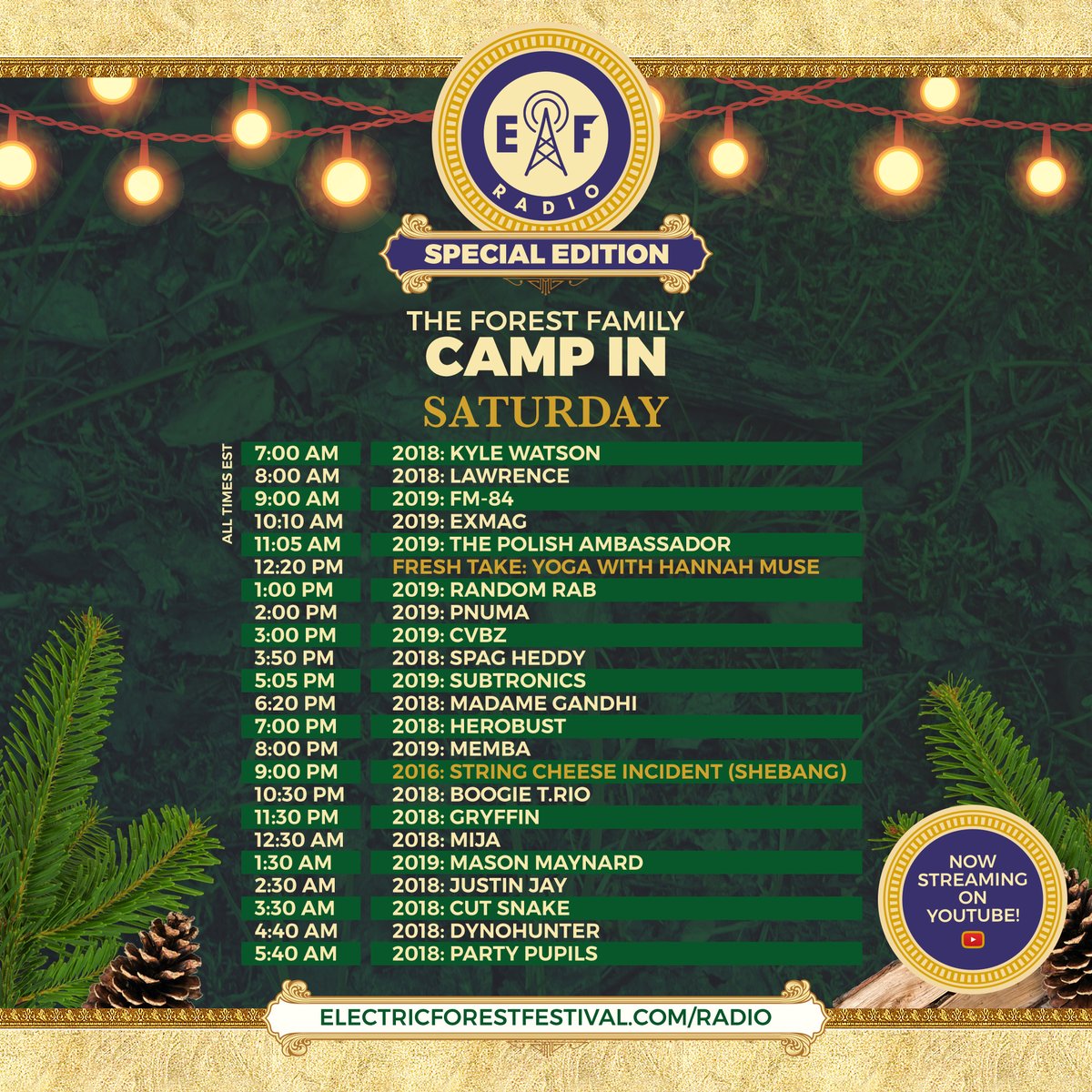 Electric_Forest's tweet photo. Please note that @EForestRadio will also be streaming on YouTube this weekend during the #ForestFamilyCampIn.
Along with the usual 24/7/365 audio stream, the YouTube stream will host Friday & Saturday's HD Video @SCI_Official #EF2016 sets, and more: https://t.co/xBkgY2jeb3 https://t.co/DCSQFCwQC0
