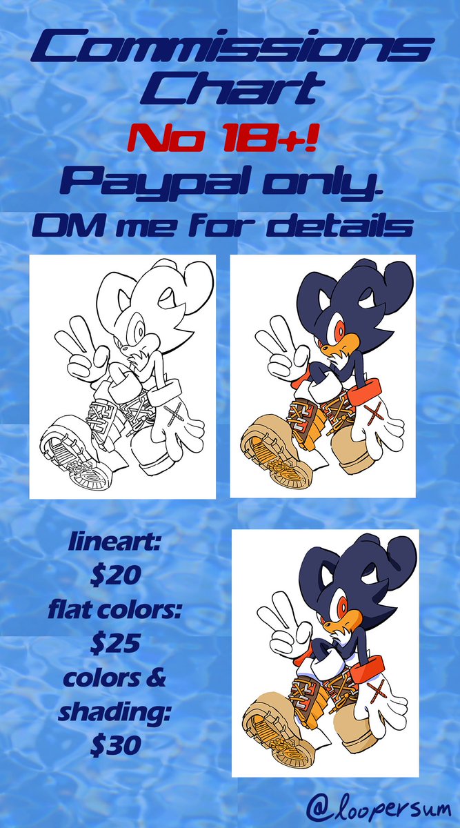 IT'S HERE!
**CHARACTER COMMISSIONS**
NO 18+, PAYPAL ONLY
LINEART: $20
FLAT COLORS: $25
SHADING: $30
DM me about details. If it's for more than one character we'll figure it out in chat. Expect lineart to be done soonest at 3 days, flat colors 6 days, color & shading 7 days.