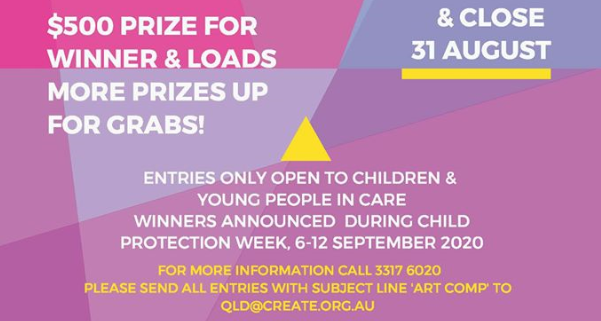 LWBAustralia's tweet image. (2/2) Entries open July 1 and close August 31. Email your art piece to qld@create.org.au with the subject line 'art comp'. Click through the images for the categories and details. 

#childprotectionweek2020 #ArtComp #QLD