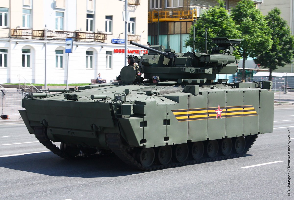 There wasn't great footage during the parade so here is a photo of the B-11 IFV variant of the Kurganets-25 from the rehearsals. Note the 8 small Bulat missiles above 2 of the 4 Kornet-EM ATGMs. 43/Photos: Василий Изъюров  https://vk.com/milinfolive?w=wall-123538639_1498730