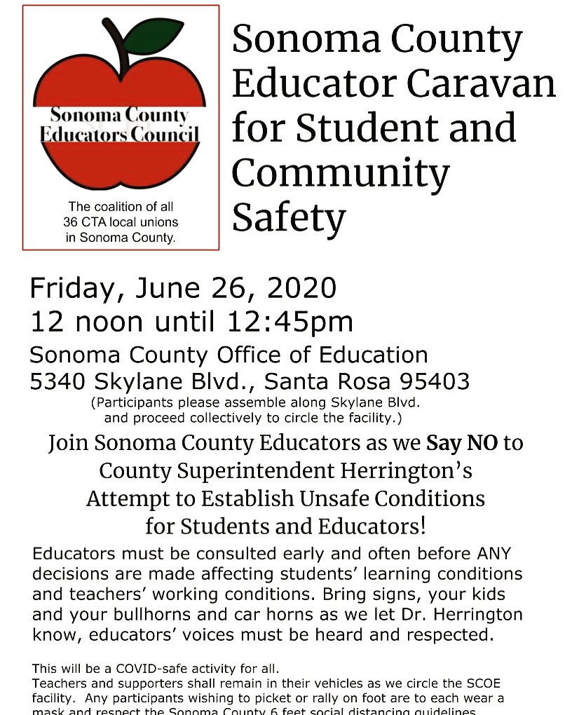 SonomaTeachers's tweet photo. Car caravan to show SCOE Superintendent Herrington that schools should NOT be an exception to the Covid-19 safety protocols! #SixFeet #ForOurStudents #WeAreCTA @KSRO @NorthBayNews @Sonoma_West https://t.co/8l5tjIFsuY