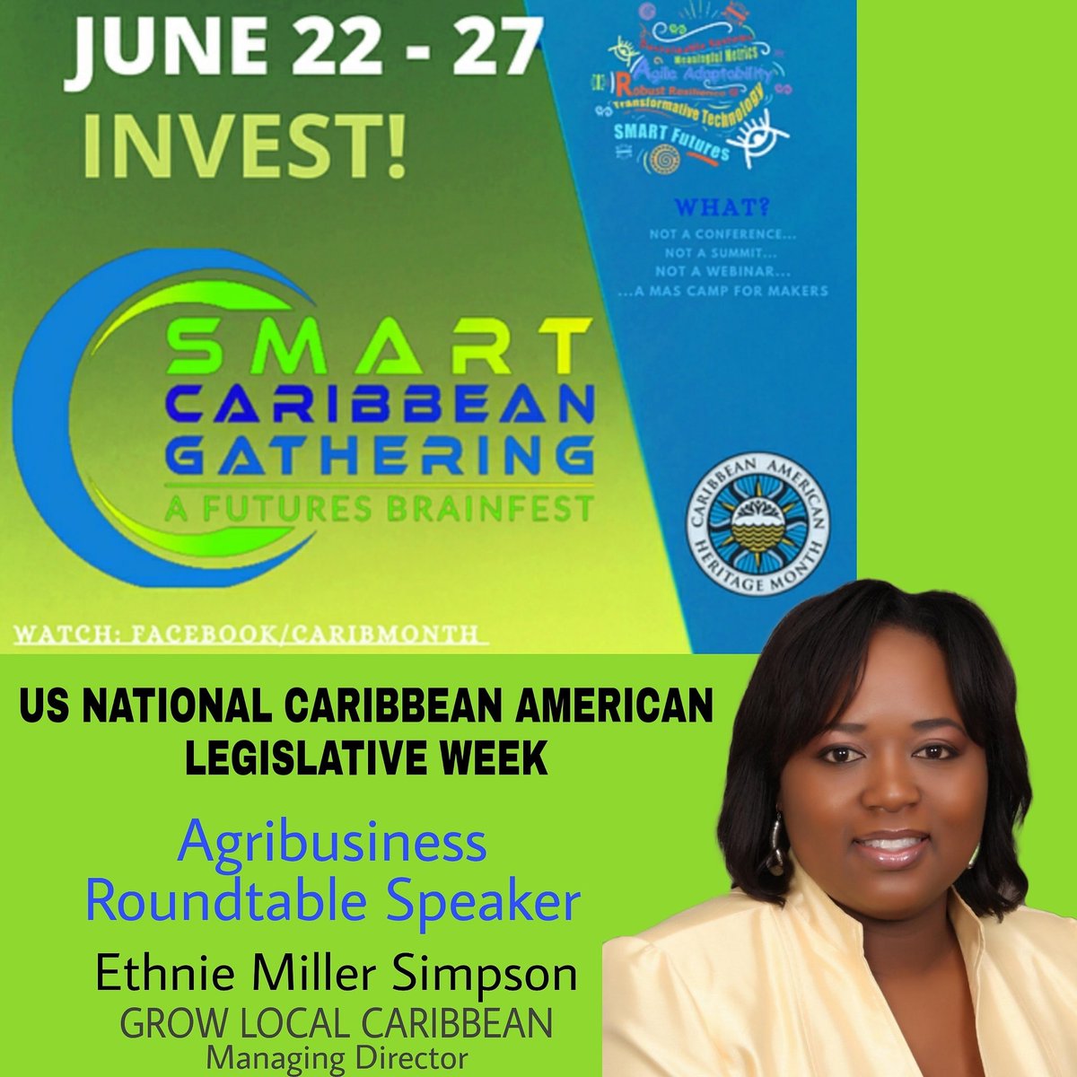WENCaribbean's tweet image. WENC President &amp;amp; MD of Grow Local Caribbean to address Agribusiness -a part of the Prosperity Pillar of the US/Caribbean 2020 Strategic Engagement Agenda;  Caribbean American Heritage Month - Thurs Jun 25th, 3 - 4:30 pm EDT
Watch: facebook/caribmonth
Join: investsmartcaribbean.eventbrite.com