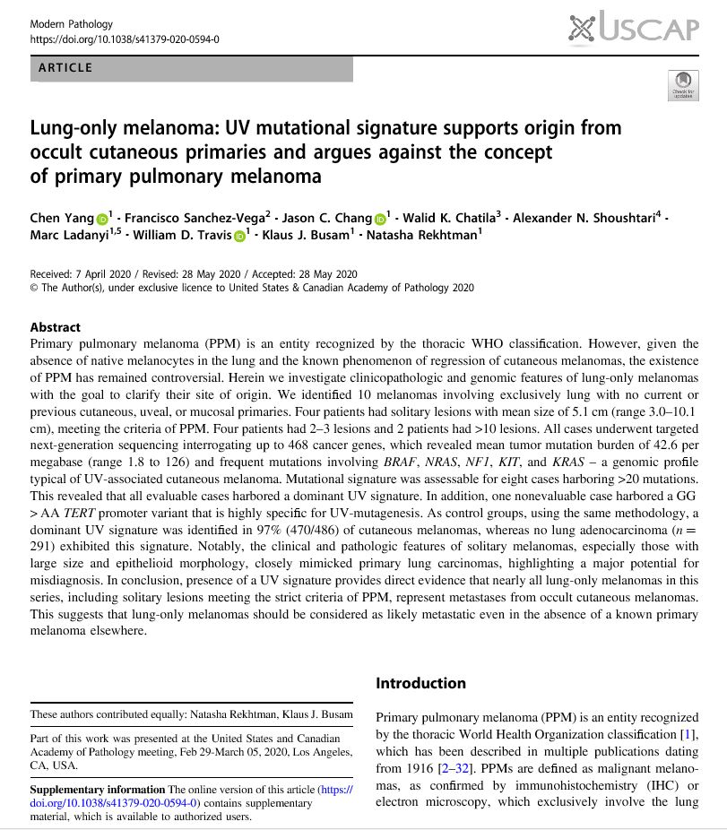 This is direct evidence that lung-only melanomas are metastases from occult (likely regressed) cutaneous melanomas... as lung is, of course, one of the places “where the sun don’t shine”. 3/