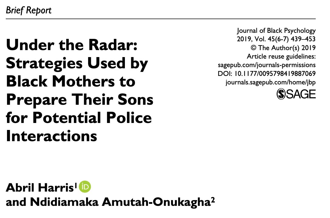 333/ Finds that Black mothers, despite negative experiences with police, "felt obligated to present police as positive figures to prevent their sons from responding to police in negative ways."