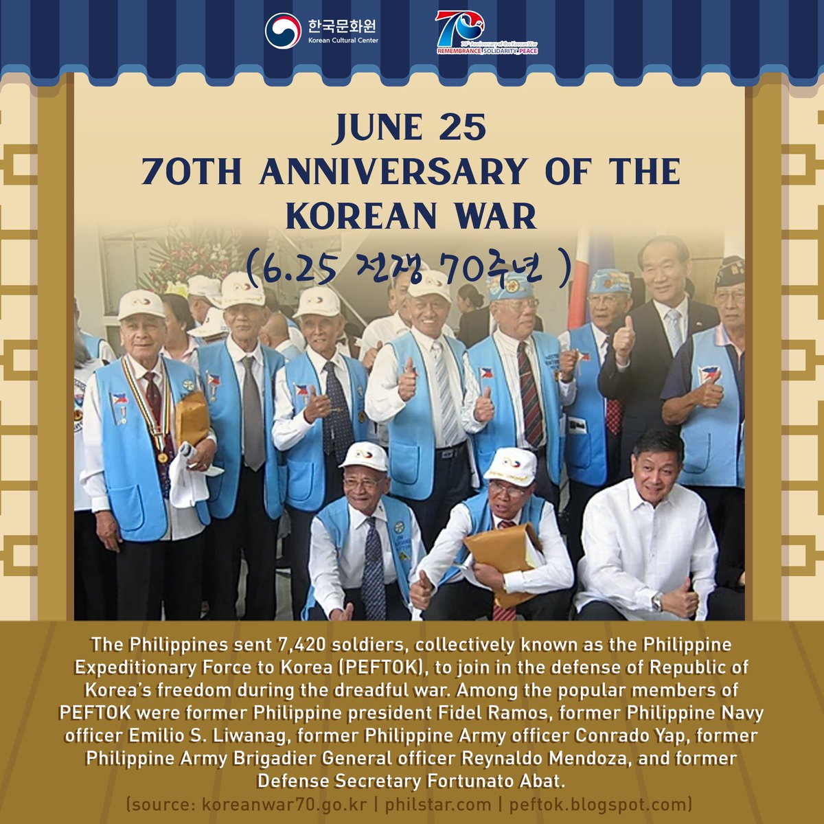 KCCPHIL's tweet photo. On the 70th year of the Korean War and with huge gratitude, Korea continuously remembers not only the valiant efforts of the military, but also those of their allies, such as the Philippines, for contributing to their triumph in the historic war. #KCCPhil #KoreanCulturePH https://t.co/c3n5hxVD2G