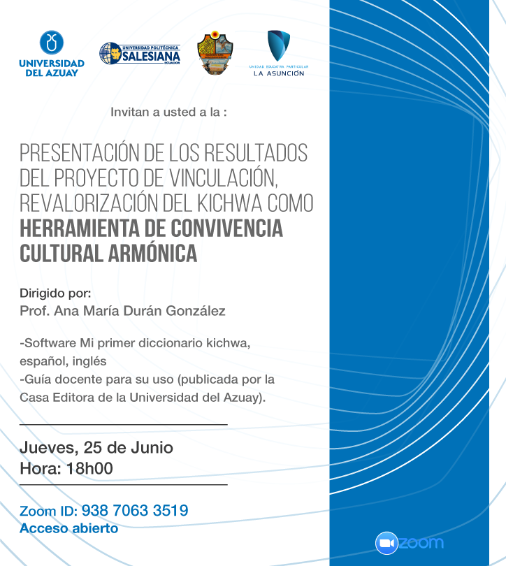 Resultados obtenidos para la promoción y aprendizaje de la lengua kichwa como herramienta de convivencia cultural y armónica <a href="/UNAEcuador/">Universidad Nacional de Educación UNAE</a> <a href="/agustinalbanm/">Agustín Albán</a> <a href="/InstSupQuilloac/">Instituto Superior Pedagógico Quilloac</a> <a href="/OndasCanaris/">Ondas Cañaris Radio Universitaria Católica</a> <a href="/tomebamba/">La Voz del Tomebamba</a> <a href="/eltiempocuenca/">Diario EL TIEMPO</a> <a href="/yakuperezg/">Yaku Pérez Guartambel</a> <a href="/CONAIE_Ecuador/">CONAIE</a> <a href="/laurosigcha/">Arariwa Sigcha</a> @mercurioec <a href="/foazuay93/">Foa Azuay</a>