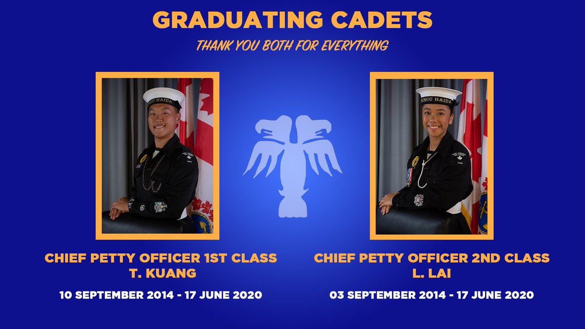 Our final two graduating cadets, our Coxswain, CPO1 T. Kuang, and our RPO, CPO2 L. Lai. On behalf RCSCC HAIDA we'd like to thank you both for EVERYTHING you have given to this corps. Your energy, enthusiasm, positivity, determination, and strength did not go unnoticed. 💛🖤🎉