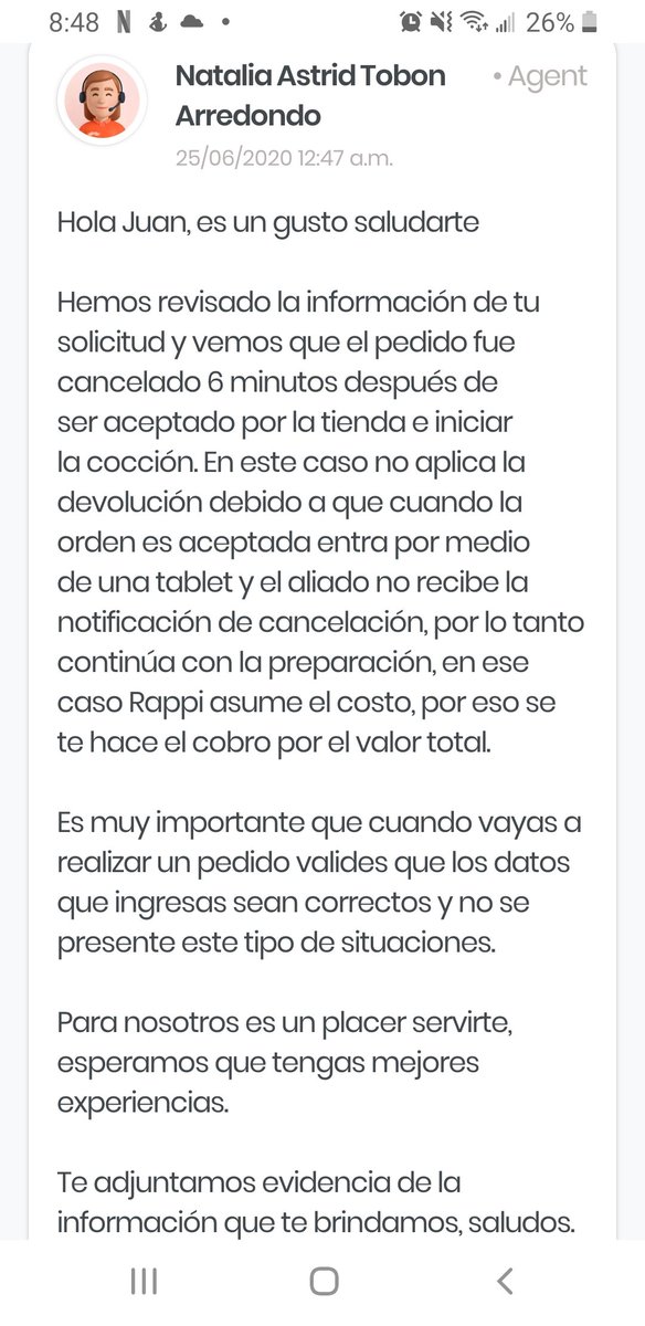 MARIANATALIAV's tweet photo. Mis derechos como consumidor han sido vulnerados. Al momento de cancelar la orden no se me informó del cobro de la totalidad del pedido. Yo no recibí la comida. Quien recibió la comida entonces? @RappiColombia con mi plata almuerzan ustedes? #rappicolombia #rappicolombialadrones https://t.co/23CjZ7dYVD