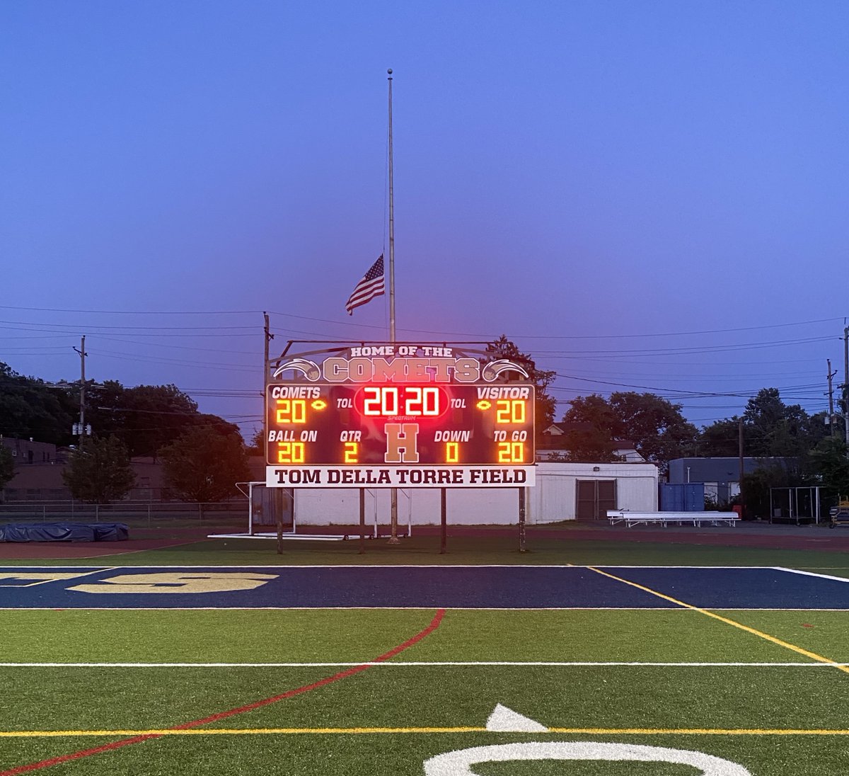 HackensackAthl1's tweet photo. The Tom DellaTorre Field shining bright for them on the very last night we can call them high school seniors!  

💙CONGRATULATIONS CLASS OF 2020💛

Be as proud of yourselves as we are of you! And remember, ONCE A COMET, ALWAYS A COMET!   

#cometstrong #cometforlife #classof2020 https://t.co/SceX8p9mDS