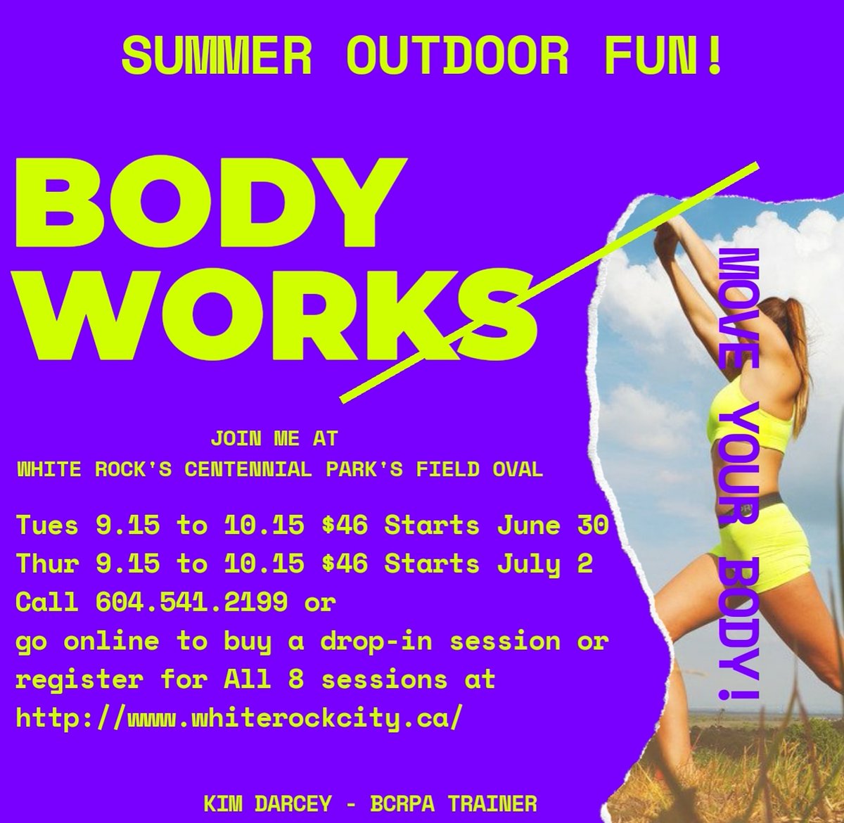 Come and join Kim for a total 'Body Works', 50+ Workout next week @whiterockcity Centennial Park.
Keeping social distancing, staying safe and having fun! 
#workout #50plus #cardio #fitness #muscularstrength #agility #balance