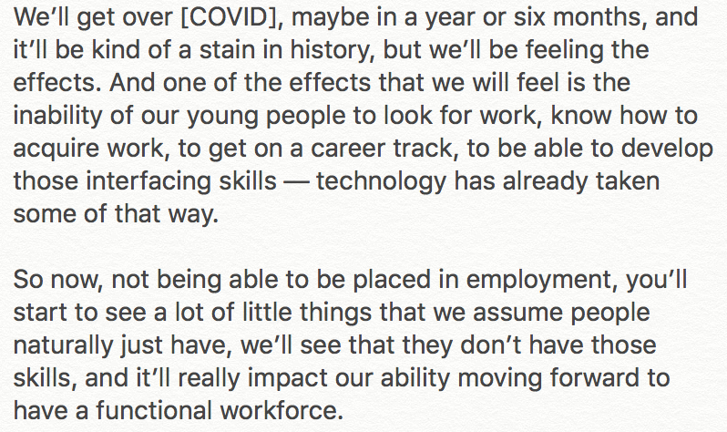 oliviafecteau's tweet photo. I also talked tonight with Rachel Angel, founder/CEO of #Peerro, an app &amp; system that works to train, recruit &amp; find jobs for young people. Her insight on this high #unemployment among teens and young people is that it's a domino effect we'll see down the road. https://t.co/LpBh6zhJ1e